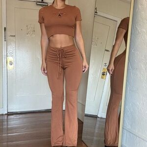 flower cutout crop top + flare pants set